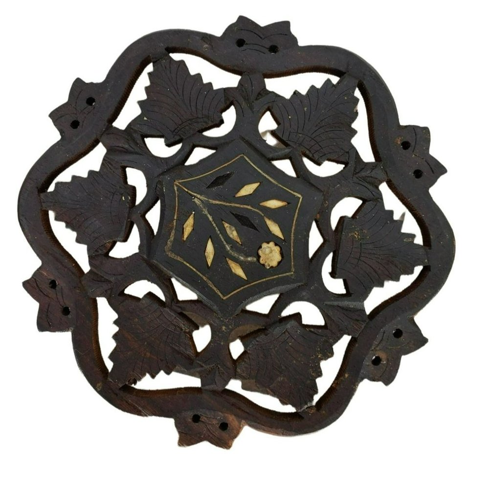 Rustic Floral Medallion Hand Carved Teak Wood‎ Wall Art 8" Trinket Pot Holder